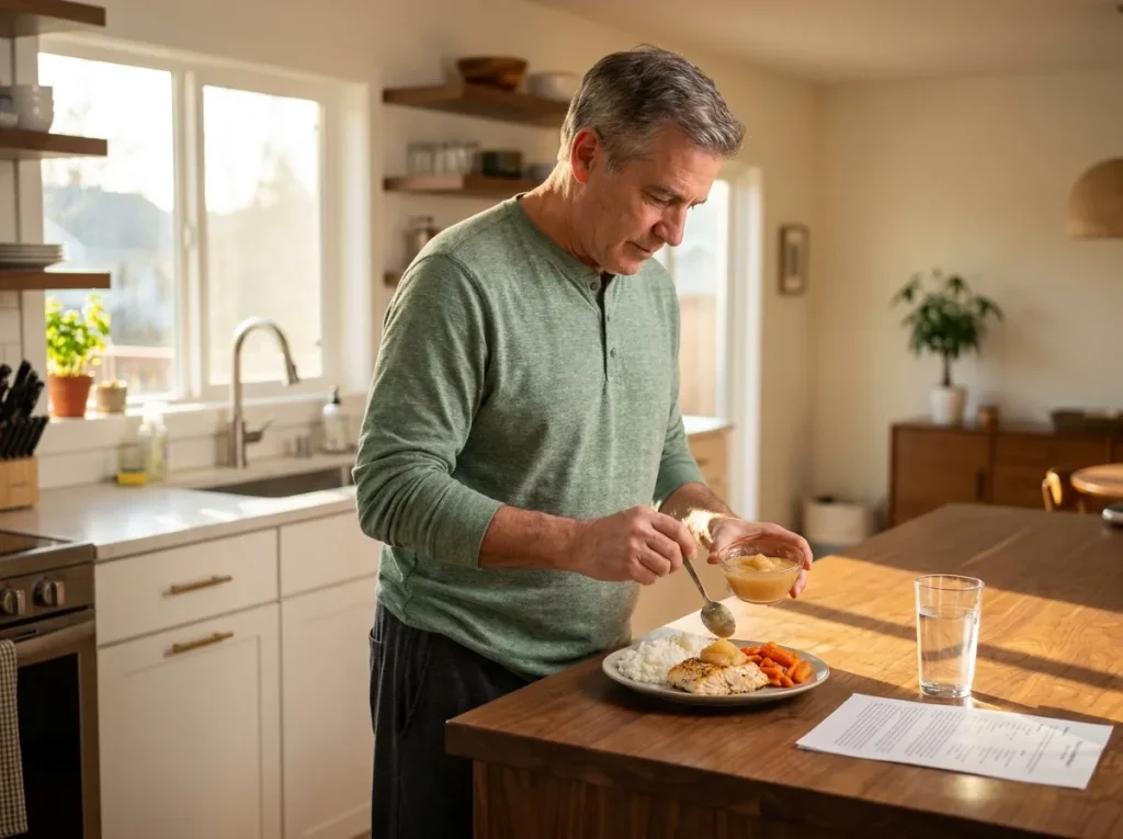 Patient preparing a low-residue meal at home during the first week of colorectal surgery recovery in the Tomball area