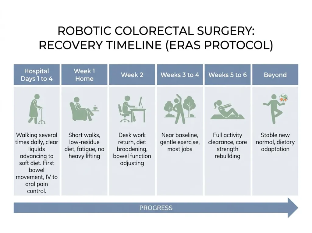 Infographic showing the colorectal surgery recovery timeline from hospital stay through return to full activity under an ERAS protocol