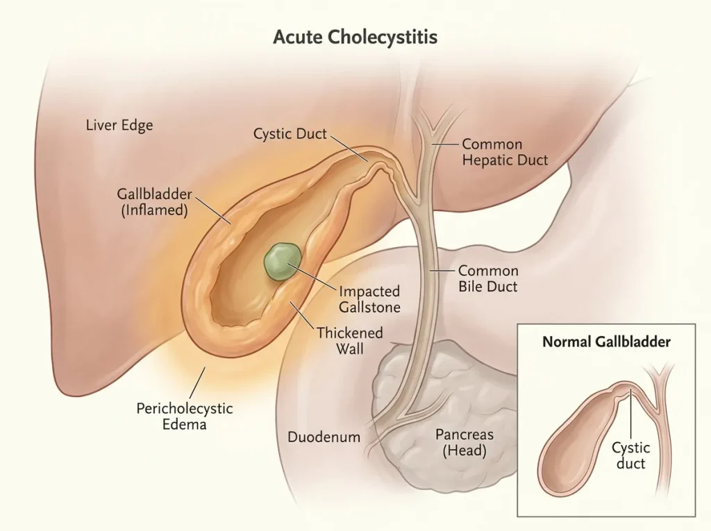 Anatomical illustration of acute cholecystitis showing an inflamed gallbladder with a stone impacted in the cystic duct