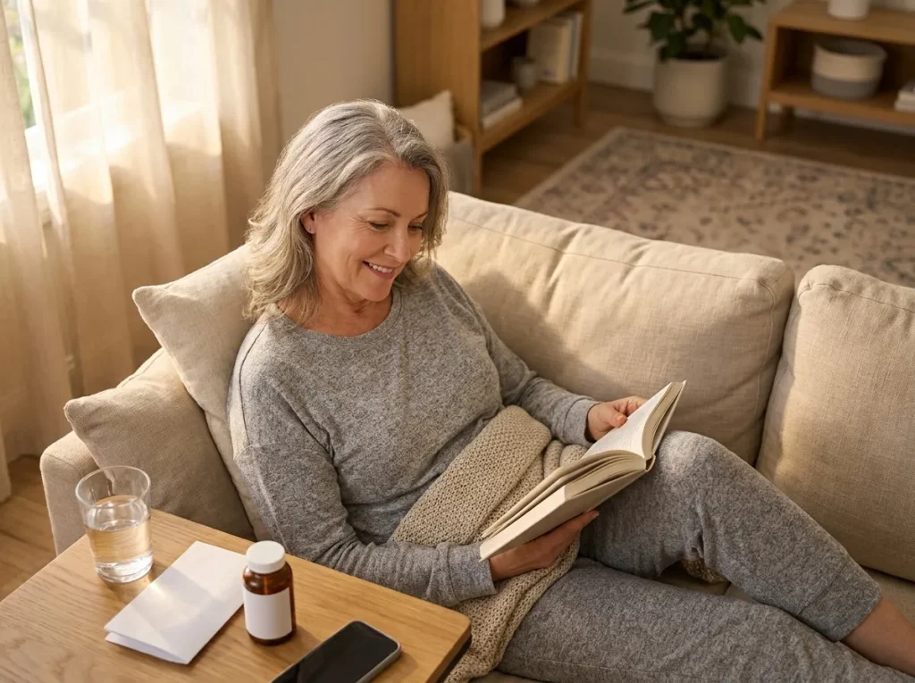 Patient resting comfortably at home a few days after emergency gallbladder surgery for acute cholecystitis in the Tomball area