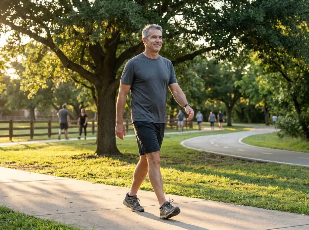 Man exercising comfortably outdoors well after a mesh hernia repair, illustrating strong long-term outcomes in the Tomball area