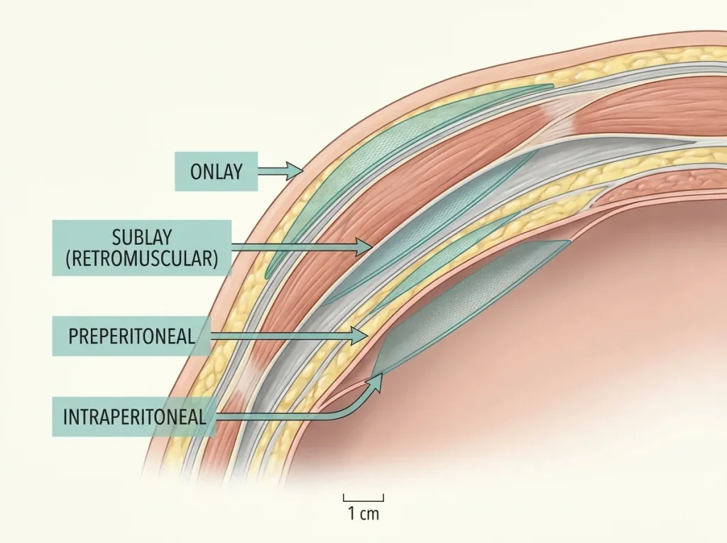 Anatomical illustration showing hernia mesh placement planes: onlay, sublay retromuscular, preperitoneal, and intraperitoneal