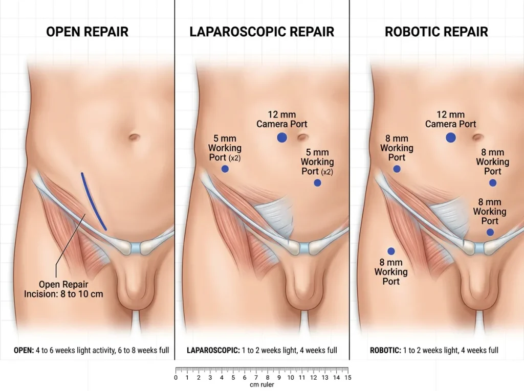 Side-by-side anatomical diagram comparing incision patterns for open, laparoscopic, and robotic hernia repair