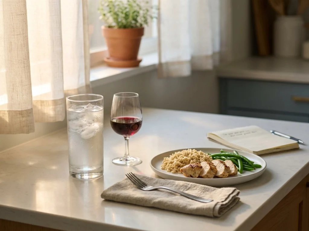Glass of water and a small glass of wine on a kitchen counter beside a balanced meal after gallbladder surgery