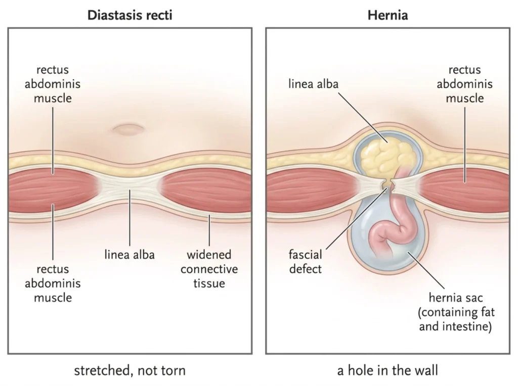 Side-by-side medical illustration comparing diastasis recti muscle separation with a ventral hernia through the abdominal wall
