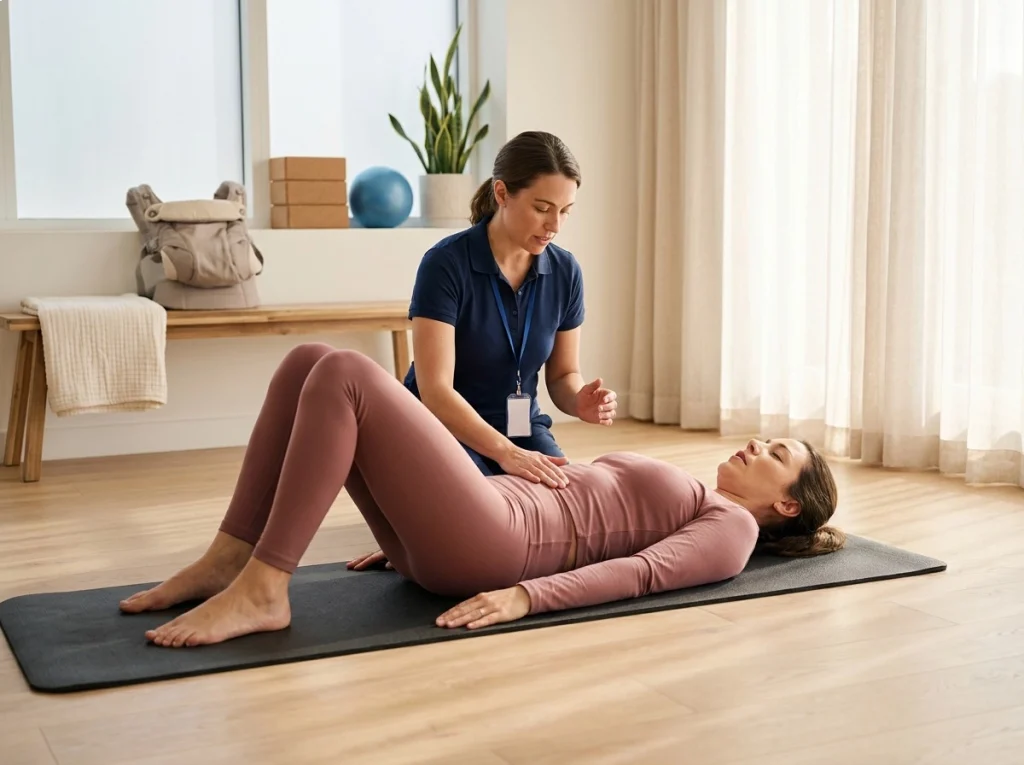 Physical therapist guiding a postpartum woman through a gentle core exercise for diastasis recti