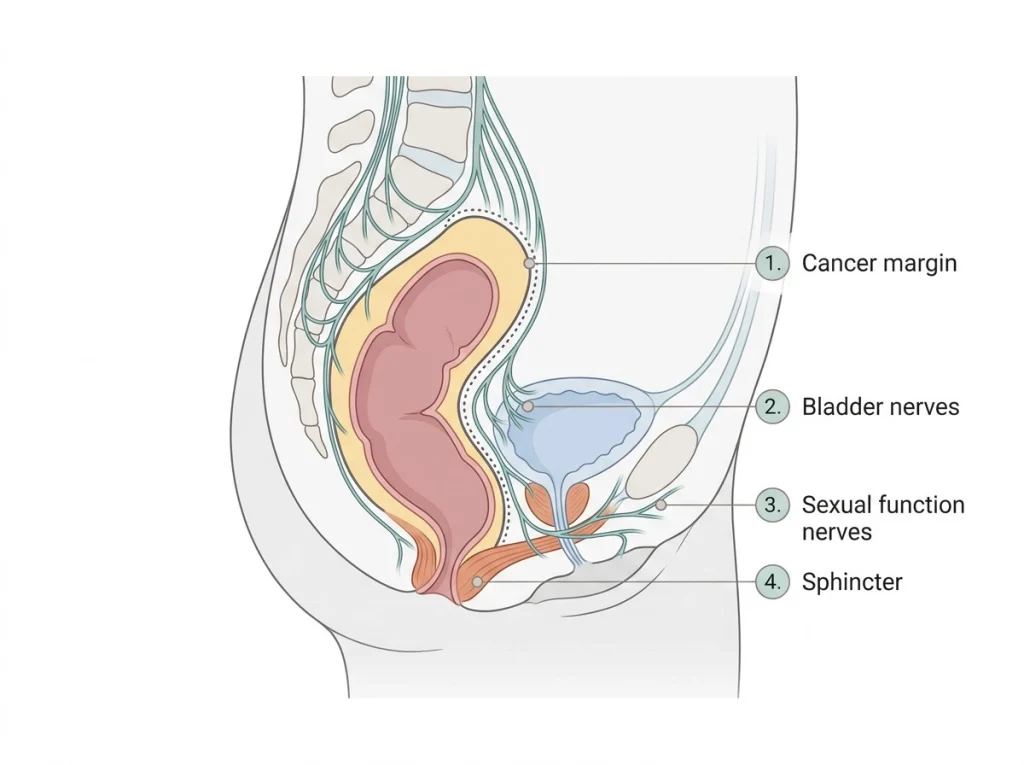 Medical illustration of the pelvic nerves, bladder, and sphincter muscles protected during nerve-sparing rectal cancer surgery