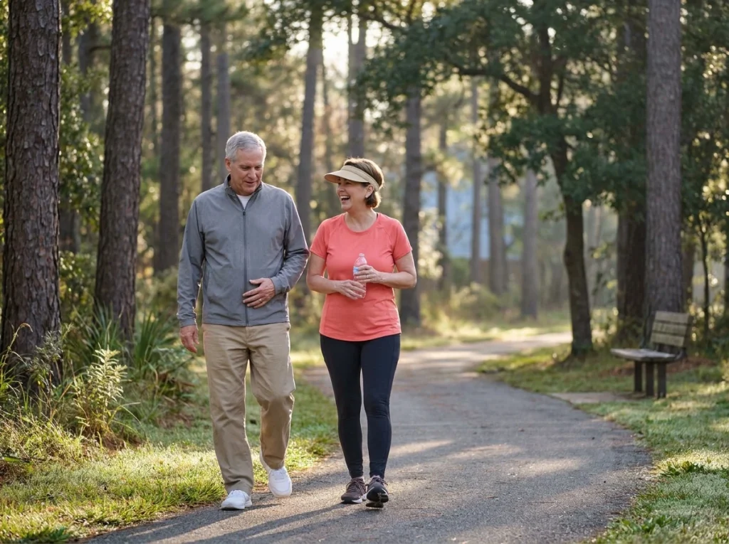 Man recovering after robotic rectal cancer surgery walking with his wife on a tree-lined trail near Tomball, Texas