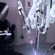 Surgical robot in action during a minimally invasive procedure.