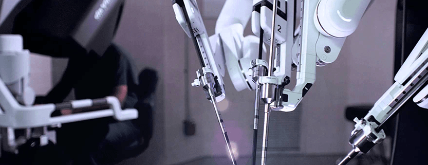 Surgical robot in action during a minimally invasive procedure.