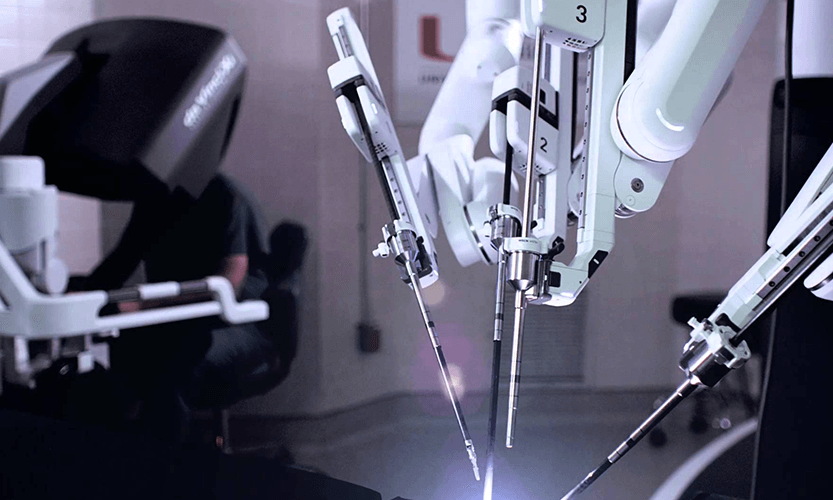 Surgical robot in action during a minimally invasive procedure.