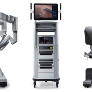 Robotic surgical system components displayed.