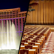 Hotel fountain show, empty theater seats.