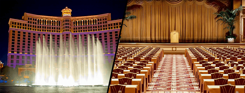 Hotel fountain show, empty theater seats.