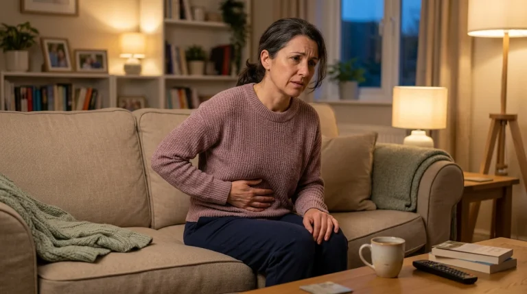 Woman experiencing upper right abdominal pain from gallbladder attack symptoms considering calling Dr. Brian Harkins in Tomball TX