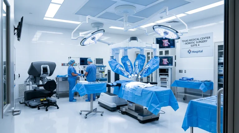 Da Vinci Xi robotic surgical system in operating room at HCA Houston Healthcare Tomball used for colorectal surgery by Dr. Brian Harkins
