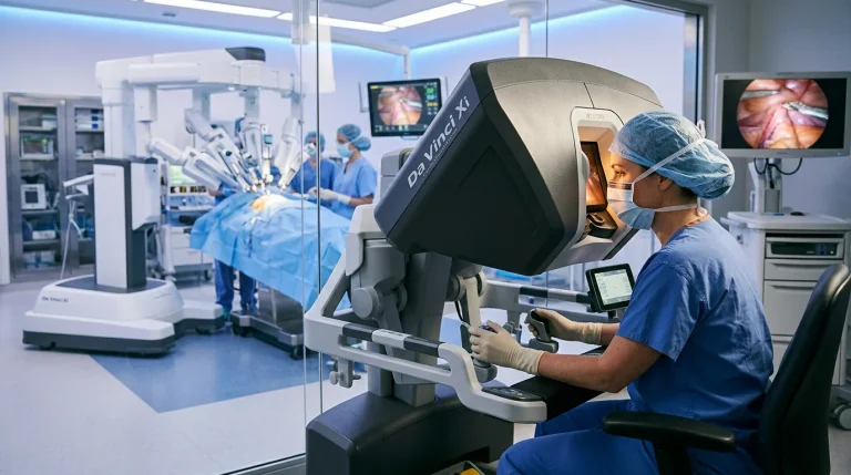 Surgeon at Da Vinci Xi robotic surgery console at Dr. Brian Harkins' practice performing minimally invasive surgery in Tomball TX