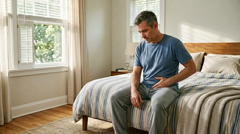Man experiencing inguinal hernia symptoms considering surgical consultation with Dr. Brian Harkins in Tomball TX