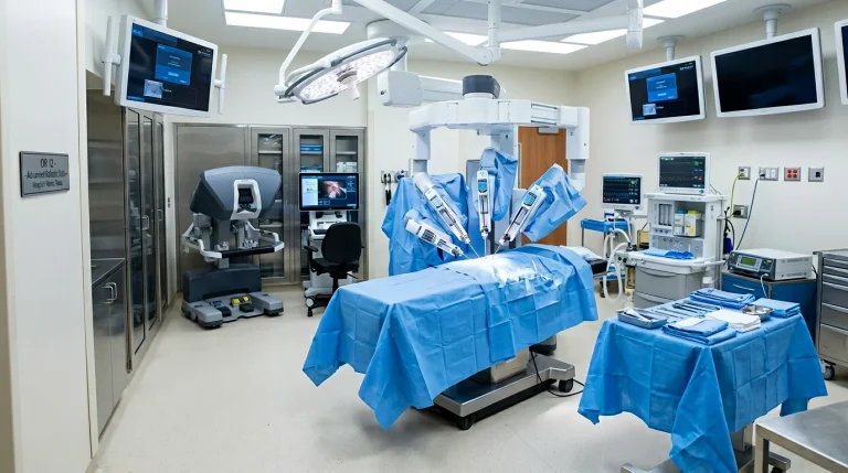 Da Vinci Xi robotic system prepared for gallbladder surgery at Dr. Brian Harkins' practice in Tomball TX