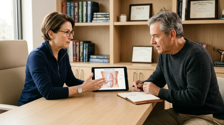 Patient and surgeon reviewing hernia surgery options on a tablet during consultation at a Houston-area robotic surgery practice