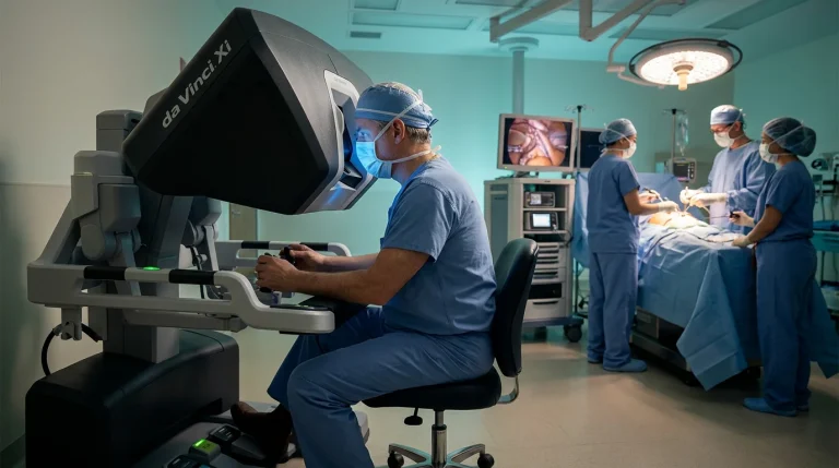 Surgeon operating the da Vinci robotic console during a cholecystectomy with laparoscopic team in the background for comparison