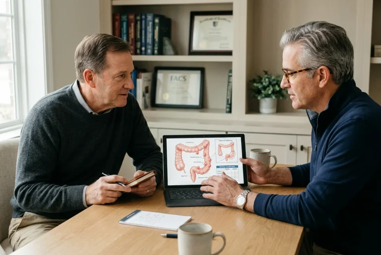 Patient discussing diverticulitis surgery options and Hinchey classification with a colorectal surgeon in a Tomball, Texas consultation room