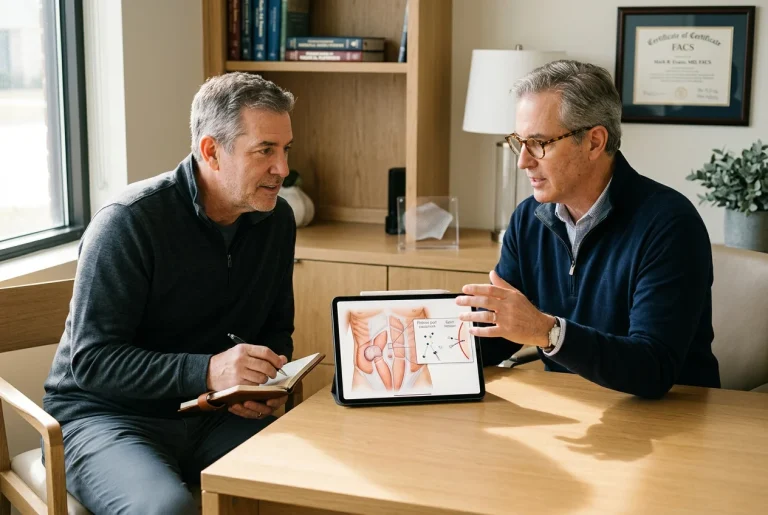 Patient discussing ventral hernia surgery options with a colorectal and minimally invasive surgeon during a consultation in Tomball, Texas