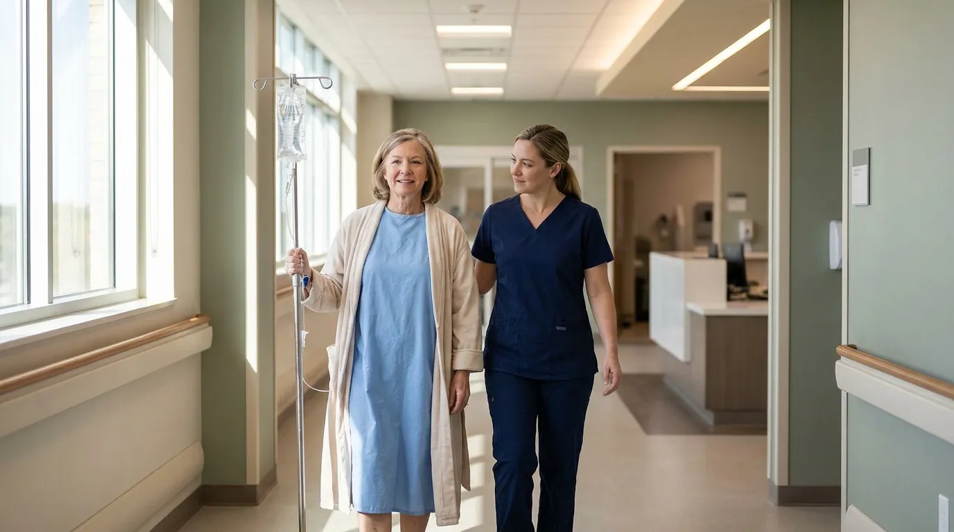 Patient walking the hospital hallway on the day after robotic colorectal surgery under an ERAS protocol at HCA Houston Healthcare Tomball