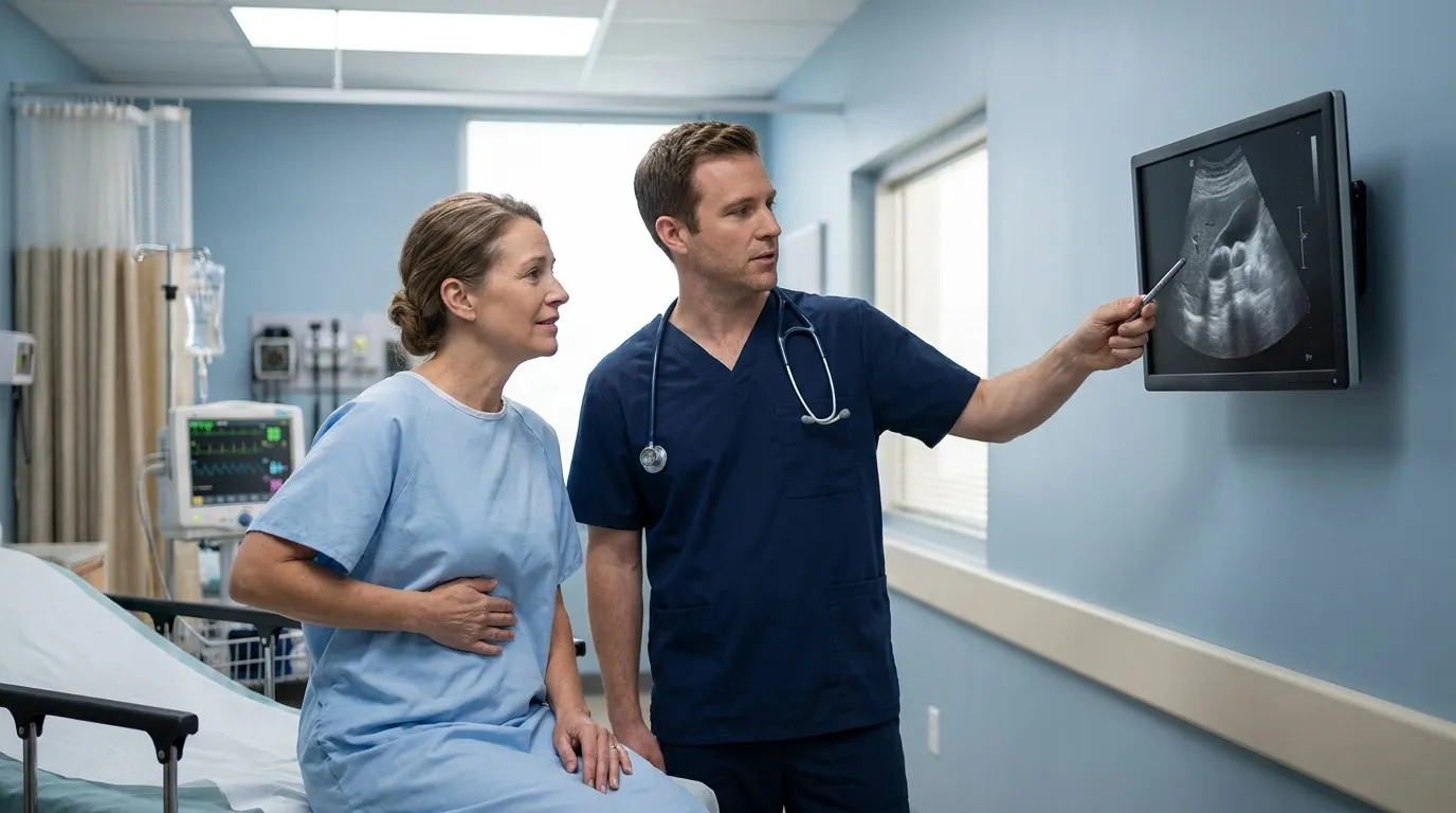 Patient with acute cholecystitis being evaluated for emergency gallbladder surgery at HCA Houston Healthcare Tomball