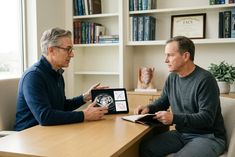 Patient with a recurrent hernia after failed prior surgery discussing robotic re-repair options with a surgeon in Tomball, Texas