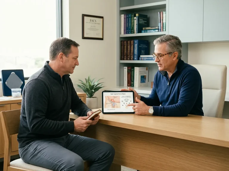 Inguinal hernia patient discussing robotic surgical repair options with a surgeon during a Tomball, Texas consultation