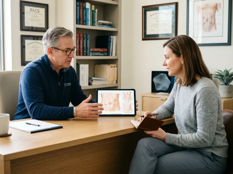 Adult patient discussing robotic umbilical hernia repair options with a surgeon during a Tomball, Texas consultation