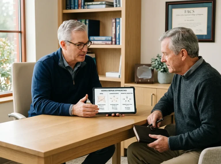 Patient and surgeon reviewing robotic, laparoscopic, and open hernia repair options on a tablet during a consultation in Tomball, Texas