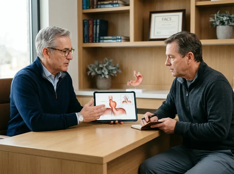 Patient with chronic GERD discussing robotic hiatal hernia surgery options with a surgeon during a Tomball, Texas consultation