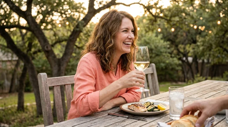 Woman enjoying a small glass of wine with dinner weeks after gallbladder removal surgery in Tomball, Texas