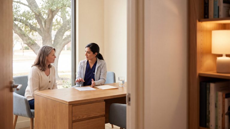 Surgeon and patient reviewing gallstone treatment options during a consultation in a Tomball clinic office