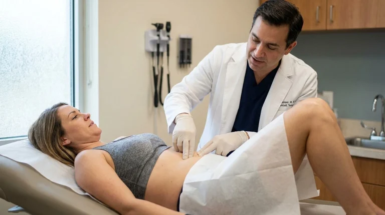 Surgeon examining a woman's abdomen to tell a hernia apart from diastasis recti at a clinic in Tomball, Texas
