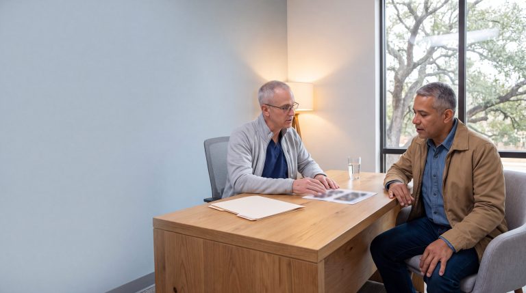 Surgeon and patient reviewing hernia repair options during a consultation in a Tomball clinic office