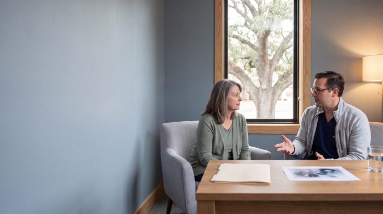 Surgeon and patient reviewing a printed handout about colon polyp removal in a Tomball clinic office